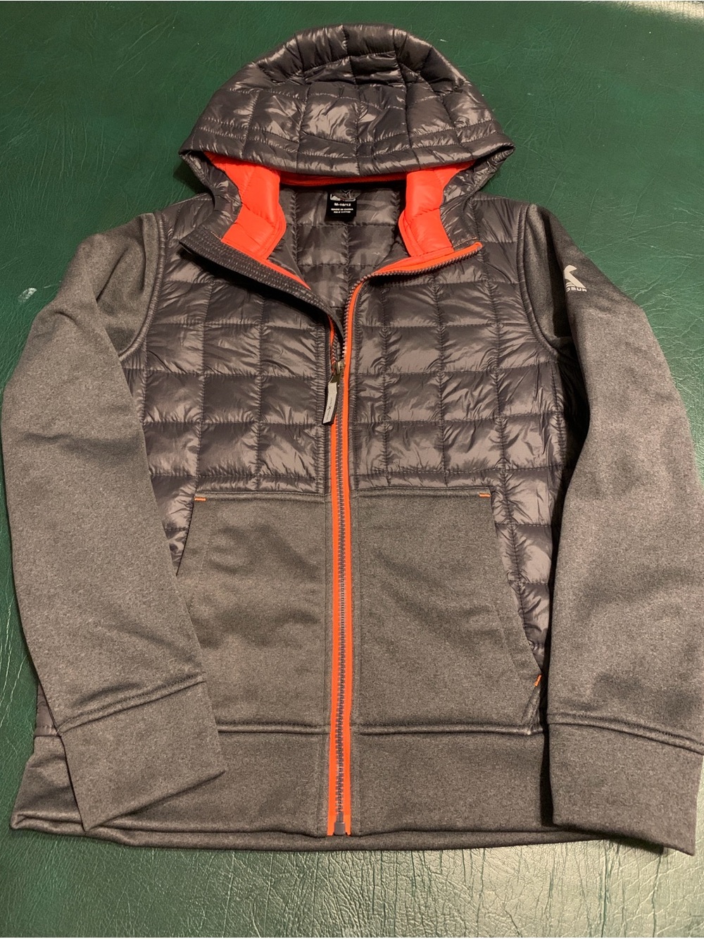 Boys Quilted Hooded Jacket - Charcoal with Orange Trim size 10-12